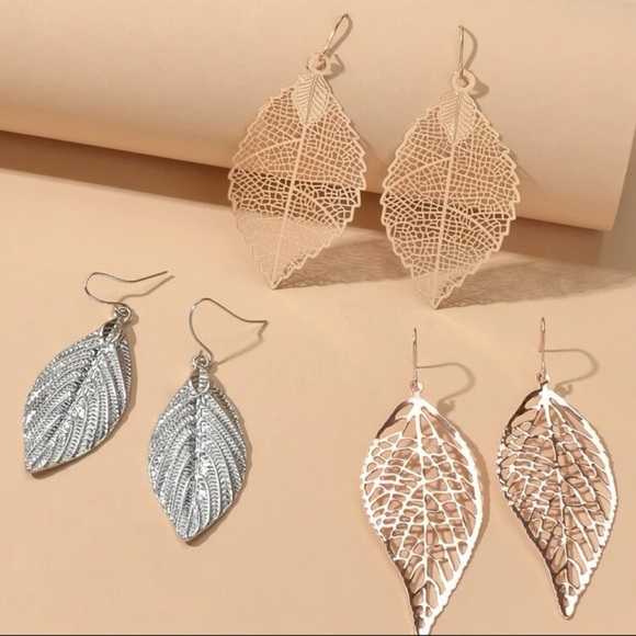 Leaf Earrings Set: Silver, Yellow Gold, Rose Gold - Picture 2 of 4